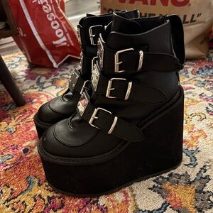 Demonia Black Triple Buckle Platform Shoes